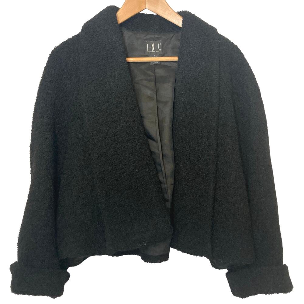 INC International Concepts Wool Boulcé Teddy Fleece Crop Black Blazer Jacket